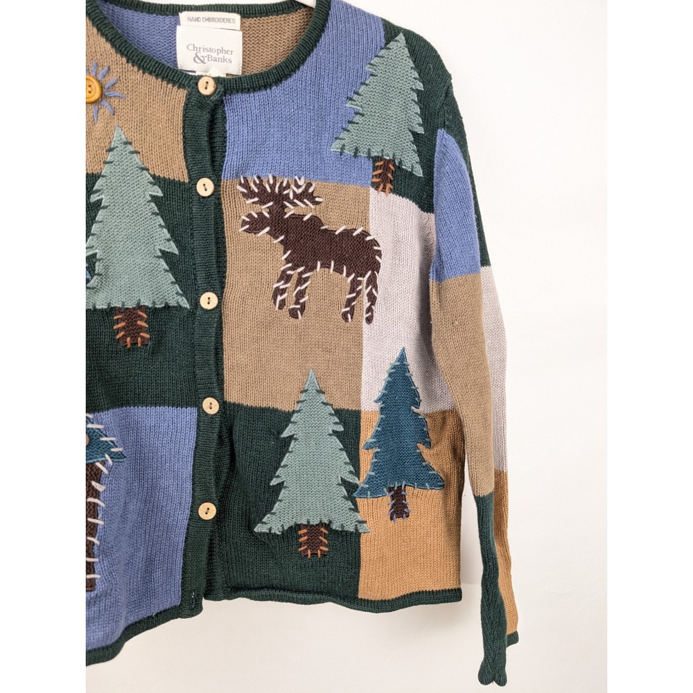 Vintage 90s Patchwork Moose Sweater Sz M Hand Embroidered Cabin Outdoor Cottage - Picture 3 of 7